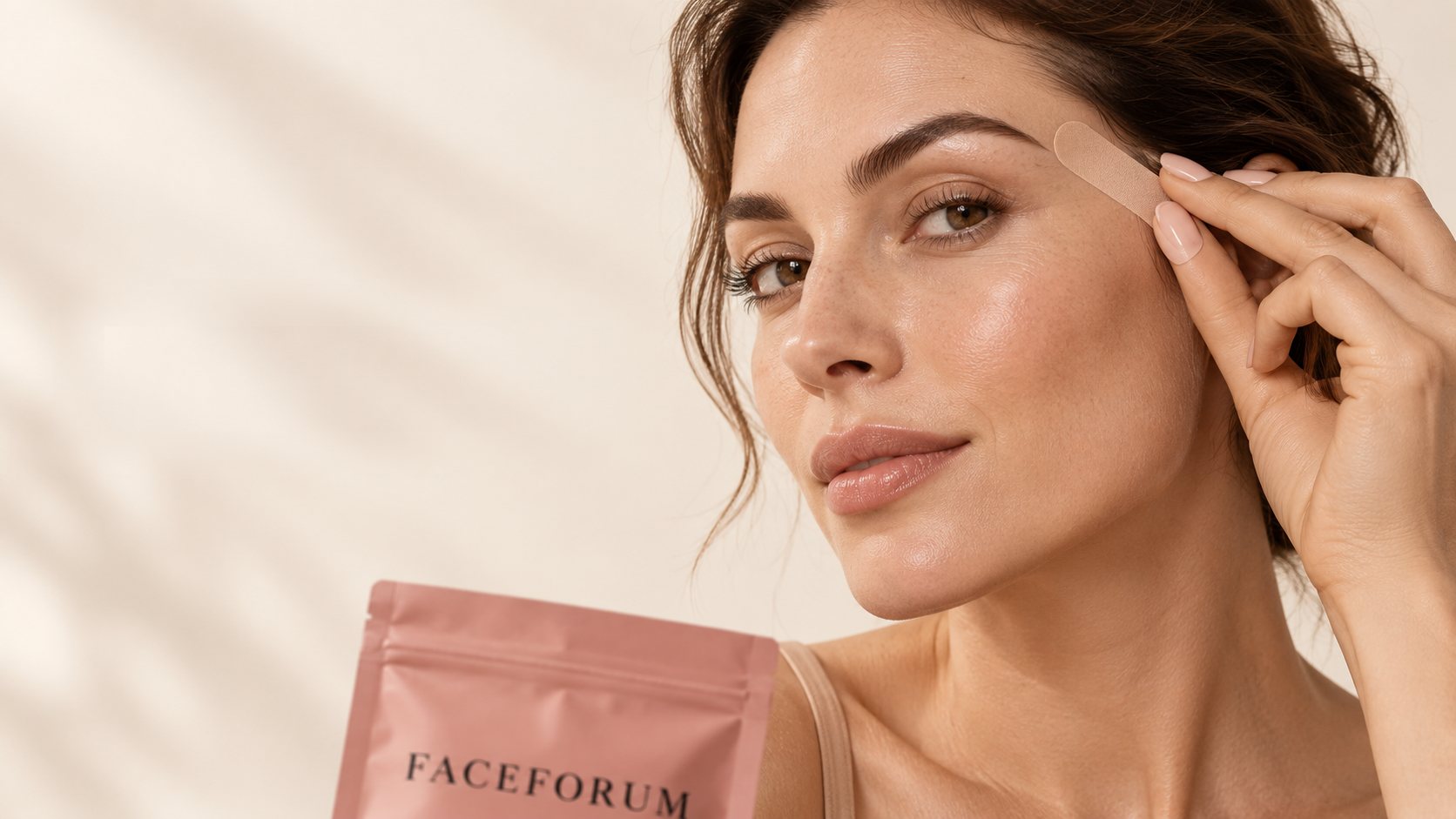 Model plaatst een huidkleurige Face Tape strip bij de slaap